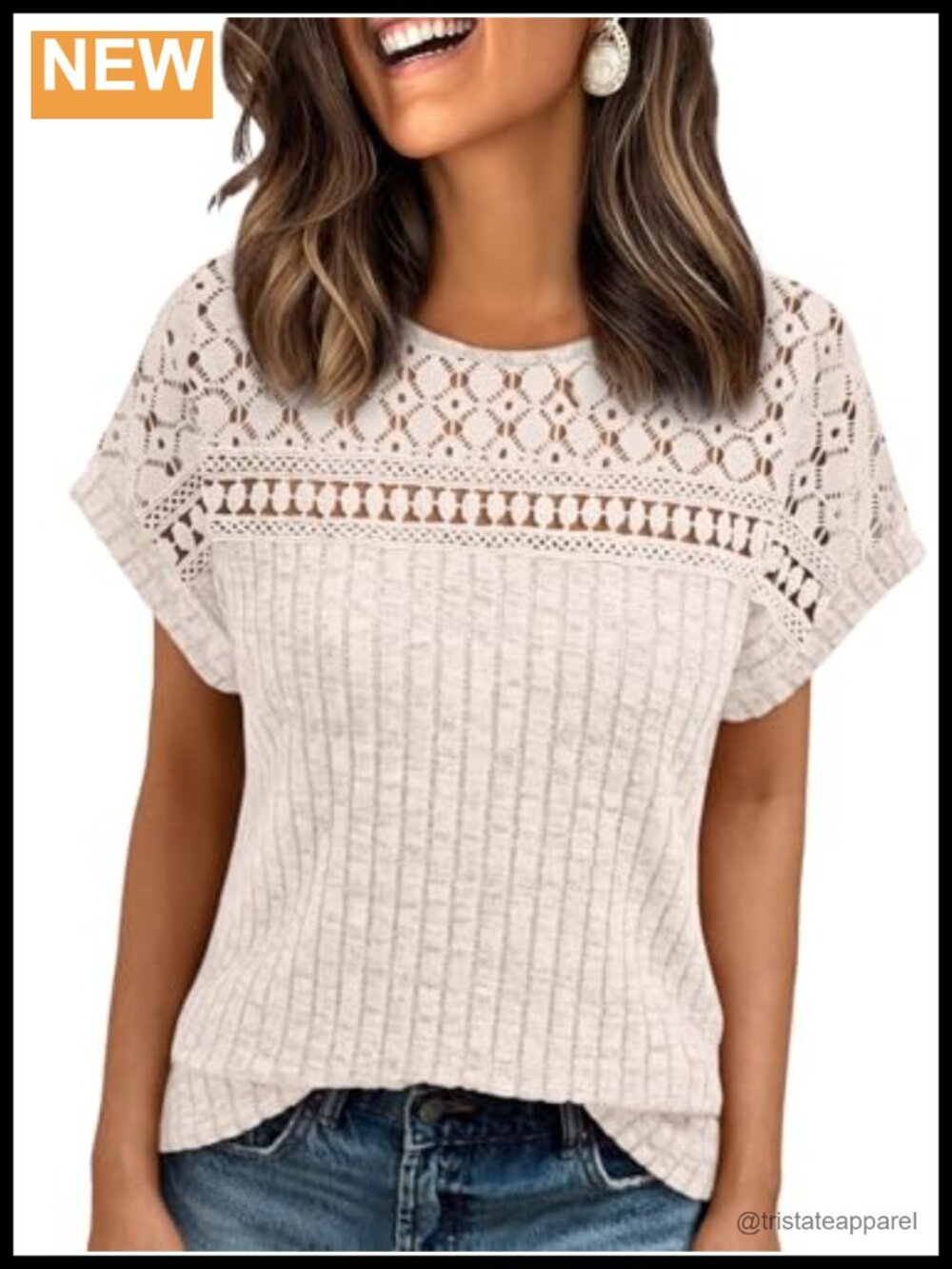 Womens Crochet Lace Short Sleeve Ribbed Knit Tunic Top Summer Blouse | Loose Fit